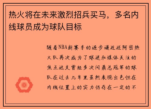 热火将在未来激烈招兵买马，多名内线球员成为球队目标